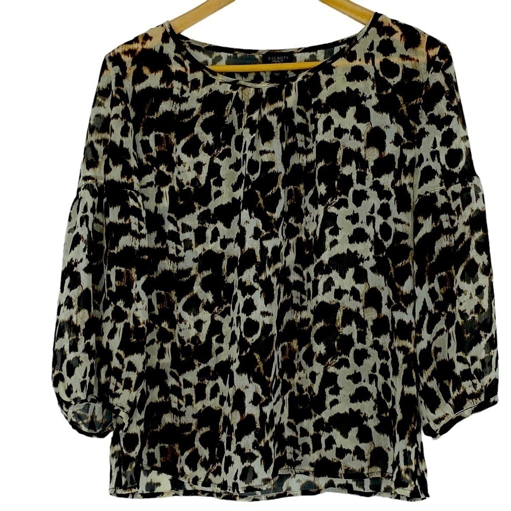 Talbots animal print brown cream puff 3/4 sleeve top, 10P